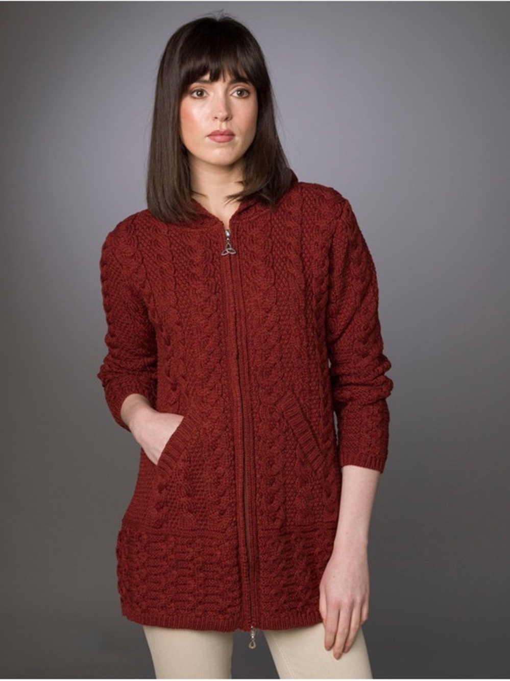 Aran Merino Wool Cable Knit Hooded Zip Cardigan – Rust Red, Size Medium - Picture 2 of 14